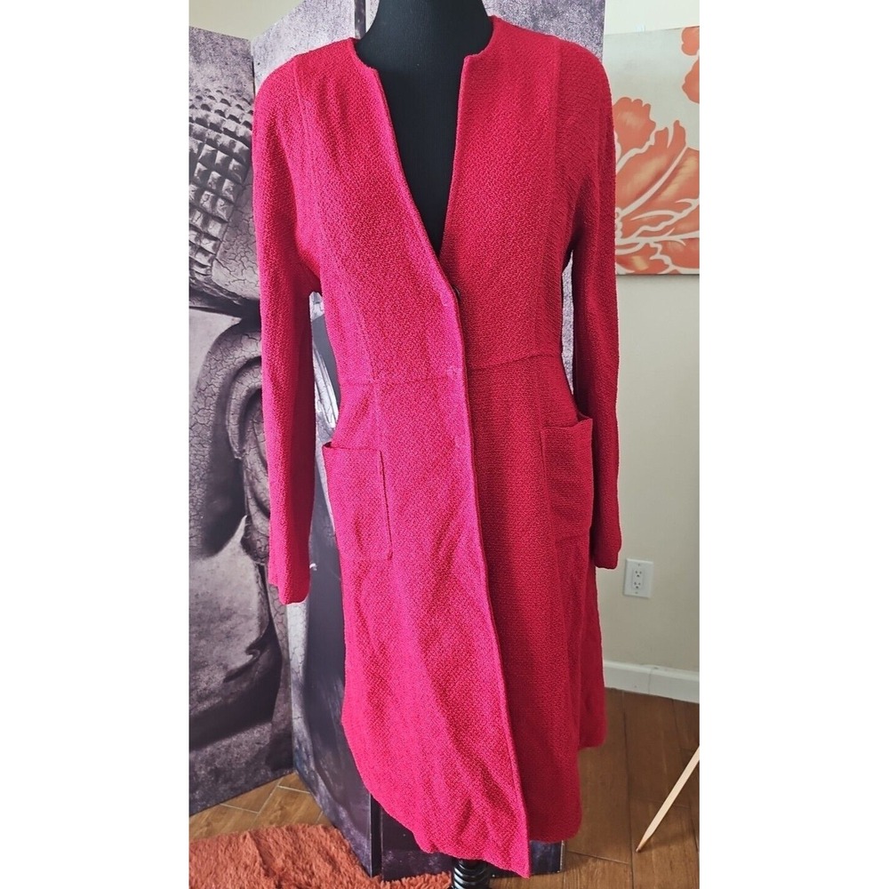 ST JOHN Santana Fall Knit Red V Neck Snap Button Mid Length Duster Size 12 YJ01